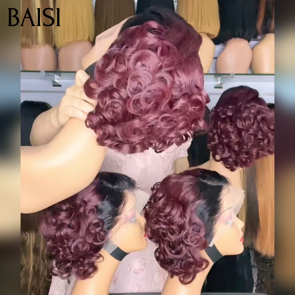 BAISI 13x4 Lace  Perruque BOB Bouclée Wave en couleur Noir et Bordeaux 1B/99J# Très Jolie Boucle  en 100% Cheveux Humains