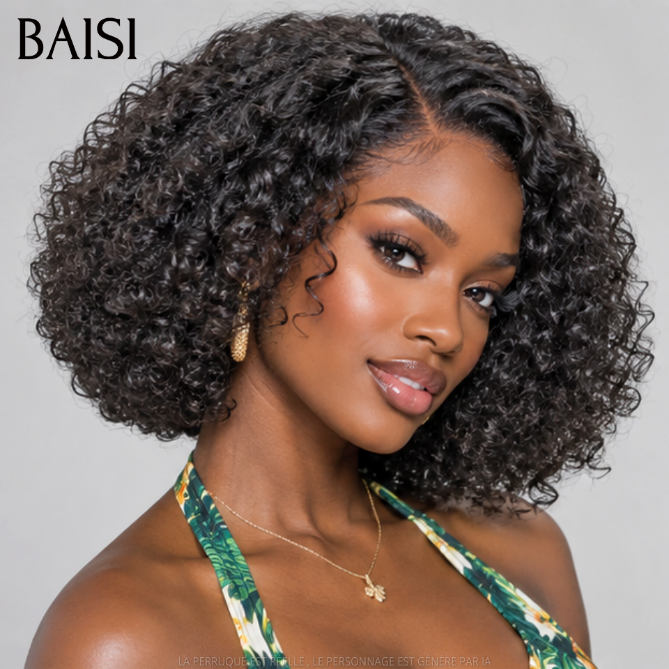 BAISI T-Part Lace Perruque Bob Kinky Afro 12Pouces 125€ Couleur Noir 1B# Beaucoup de Volume Pour Femme Noires en 100% Cheveux humains