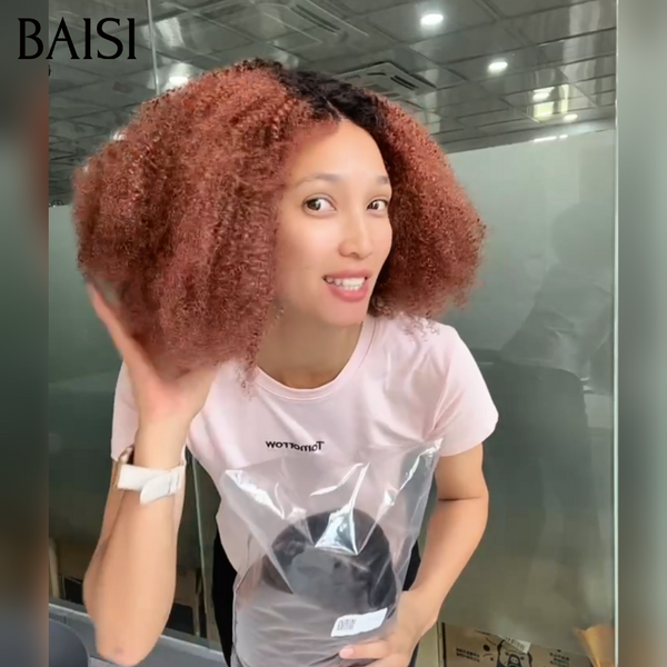 BAISI Perruque Afro Curly  Marron Fond Noir Volume Maximum 300% Densité Photo Réelle 100% Identique en 100% Cheveux Humains