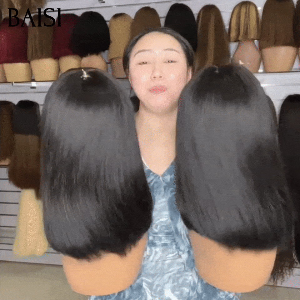 BAISI Perruque Bob Lisse Avec Frange Noir 10Pouces 65€ et 12Pouces 85€ Sans Colle Sans Lace Déjà En France Livraison 48H TVA 0€  en 100% Cheveux humains BS60