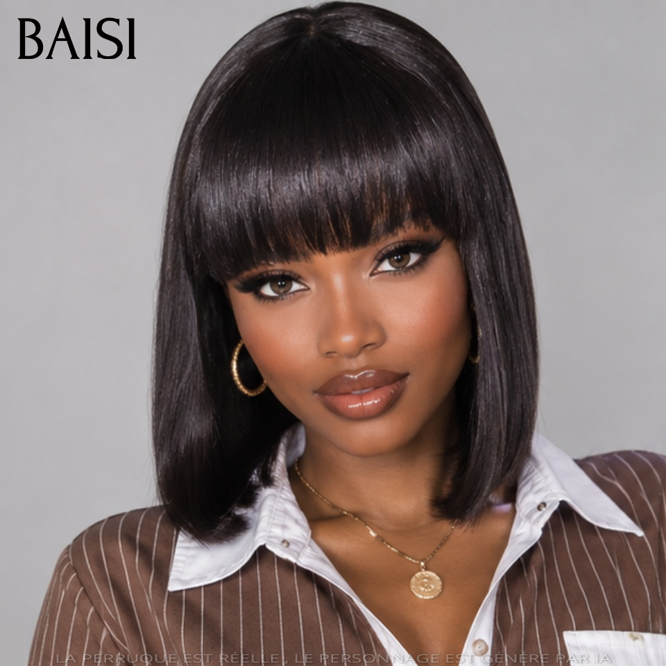  BAISI Perruque Avec Frange 100% Vietnam Hair Bob Lisse Noir Sans Colle Sans Lace 8Pouces à 12Pouces Top Grade en 100% Cheveux Humains Reçu 48H TVA 0€