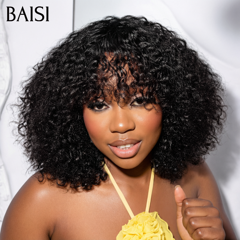 BAISI Perruque Sans Colle Sans Lace Bob Water Wave Bouclé Avec Frange Couleur Noir  Achetez 1 + 1 Gratuite = 89€ Seulement en 100% vrais cheveux humains Reçu 48H TVA 0€