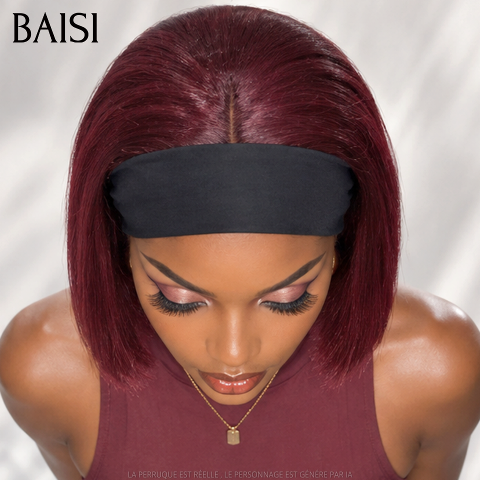 BAISI Perruque Bob Bandeau Lisse 8 Pouces 85€ Couleur Rouge Bordeaux 99J# Sans Colle Promotion Spéciale Halloween en 100% Cheveux humains