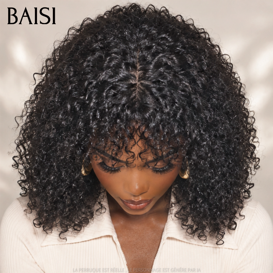 BAISI Perruques sans lace kinky curly Wave avec Frange noir Bon Volume 128€ sans Colle fabriqué à la machine en 100% Cheveux Humains