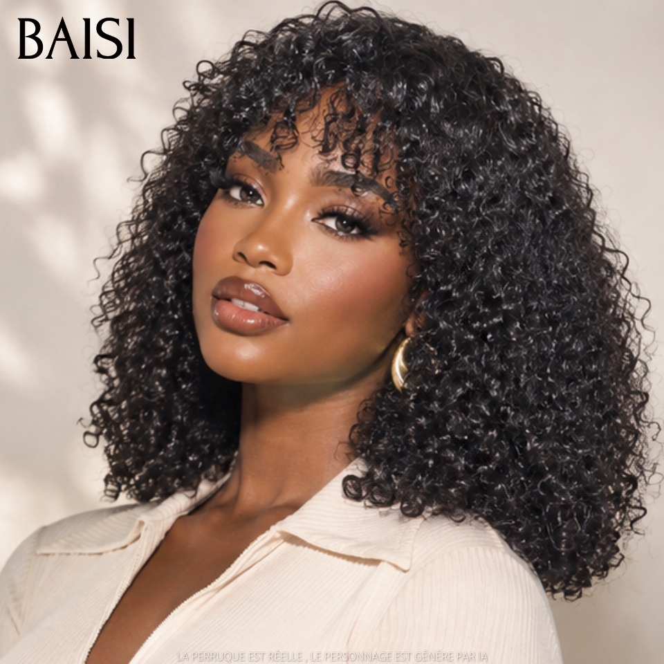 BAISI Perruques sans lace kinky curly Wave avec Frange noir Bon Volume 128€ sans Colle fabriqué à la machine en 100% Cheveux Humains