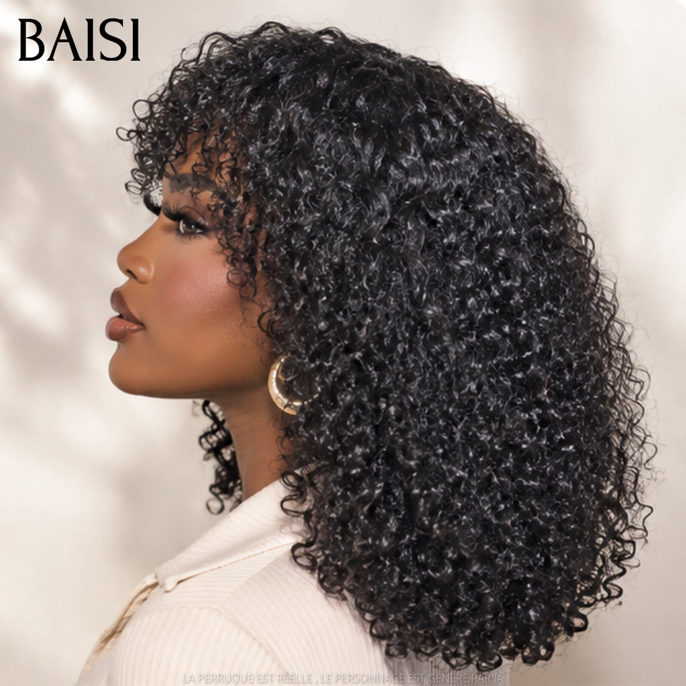 BAISI Perruques sans lace kinky curly Wave avec Frange noir Bon Volume 128€ sans Colle fabriqué à la machine en 100% Cheveux Humains
