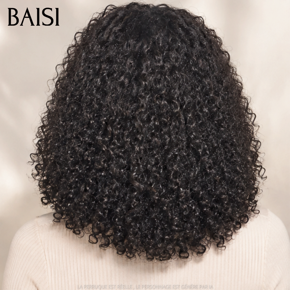 BAISI Perruques sans lace kinky curly Wave avec Frange noir Bon Volume 128€ sans Colle fabriqué à la machine en 100% Cheveux Humains