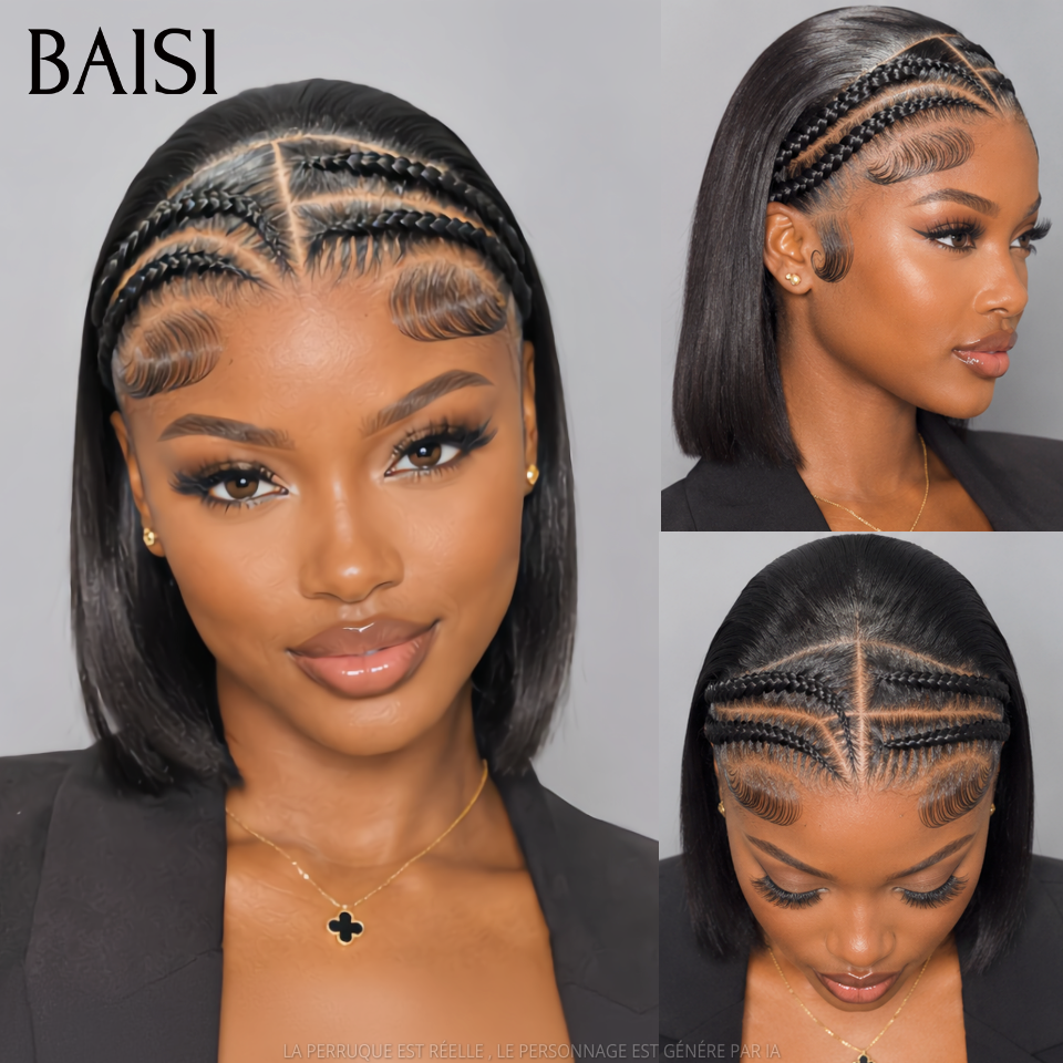 BAISI 13x4 Lace Perruque Bob Lisse Déjà Coiffée 99€ Seulement Avec Devant En Nattes Prête A Porter Très Tendance en 100% Cheveux humains
