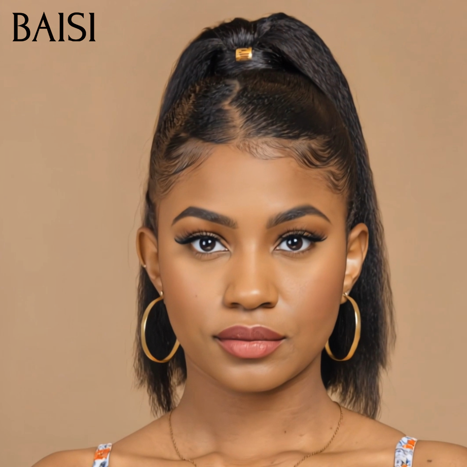 BAISI Full Lace Perruque Bob Coiffée Crépus Kinky Straight 12Pouces 139€ Couleur Noir 1B# Coiffure Deja Faite Avec Petite Nattes La Classe et Confort en 100% Cheveux humains