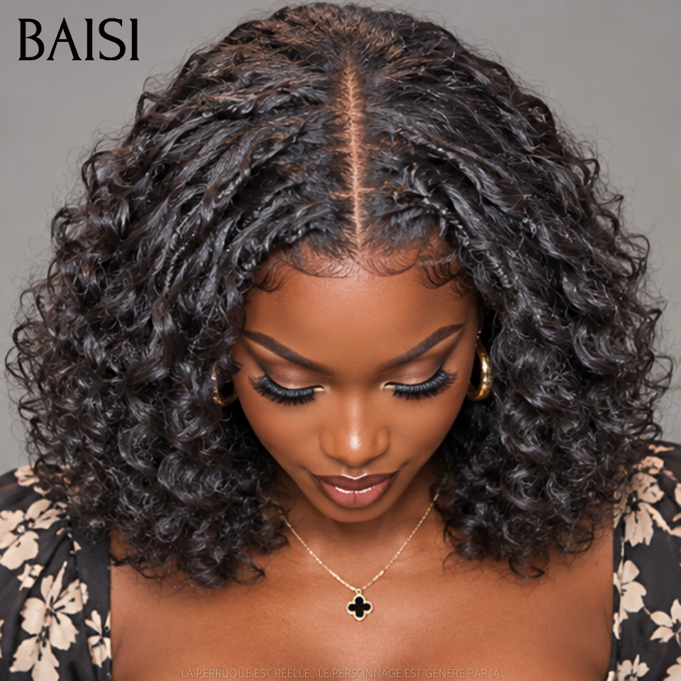 BAISI 4x4 Lace closure Perruque water wave NOIR 12 Pouces avec coiffure tressée natte 300%densité 100% Cheveux Humains