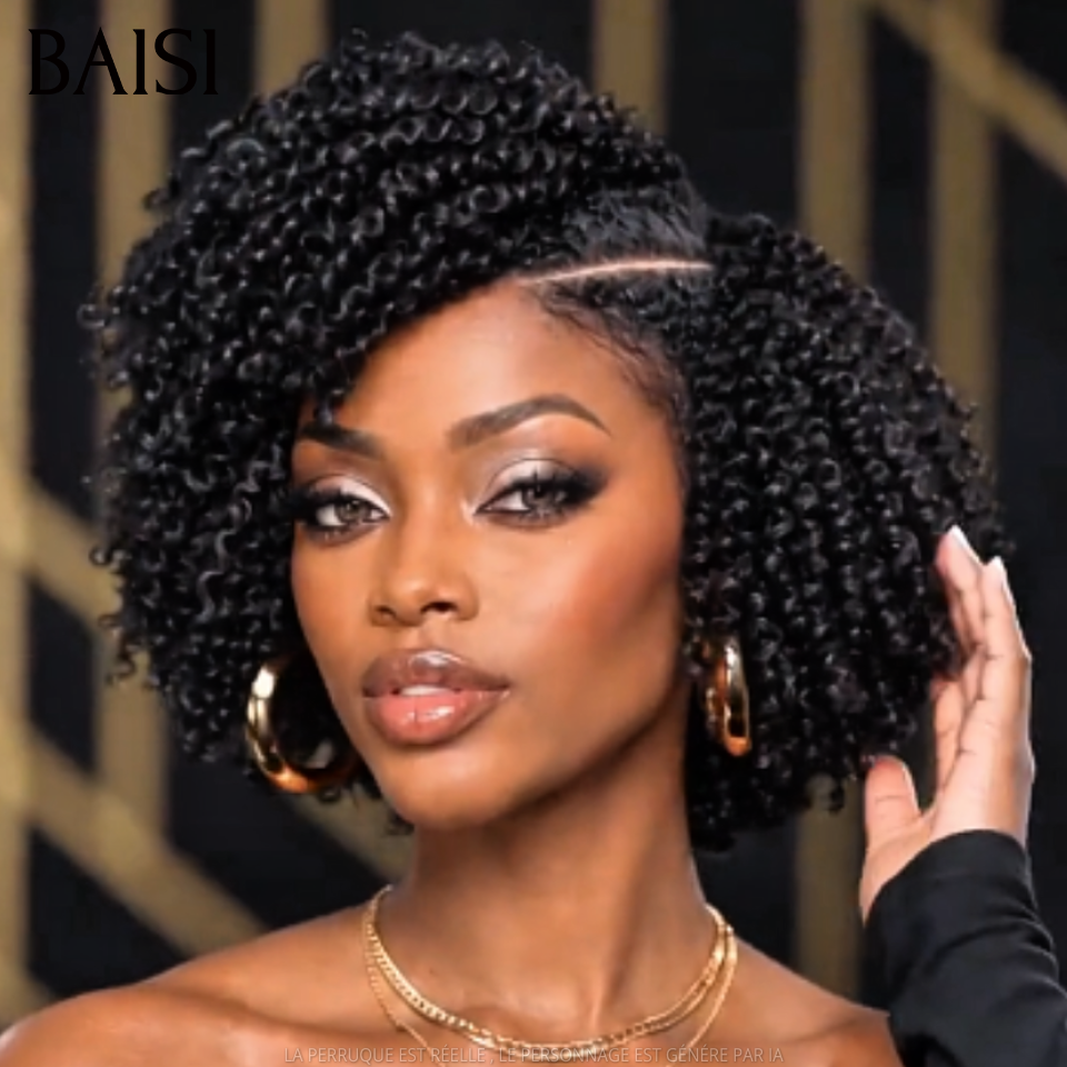 BAISI 13x6 Lace Perruque Bob Kinky Curly Coiffée  Toutes les Couleurs disponible  Avec Raie de Côté Nouveautés en 100% Cheveux humains