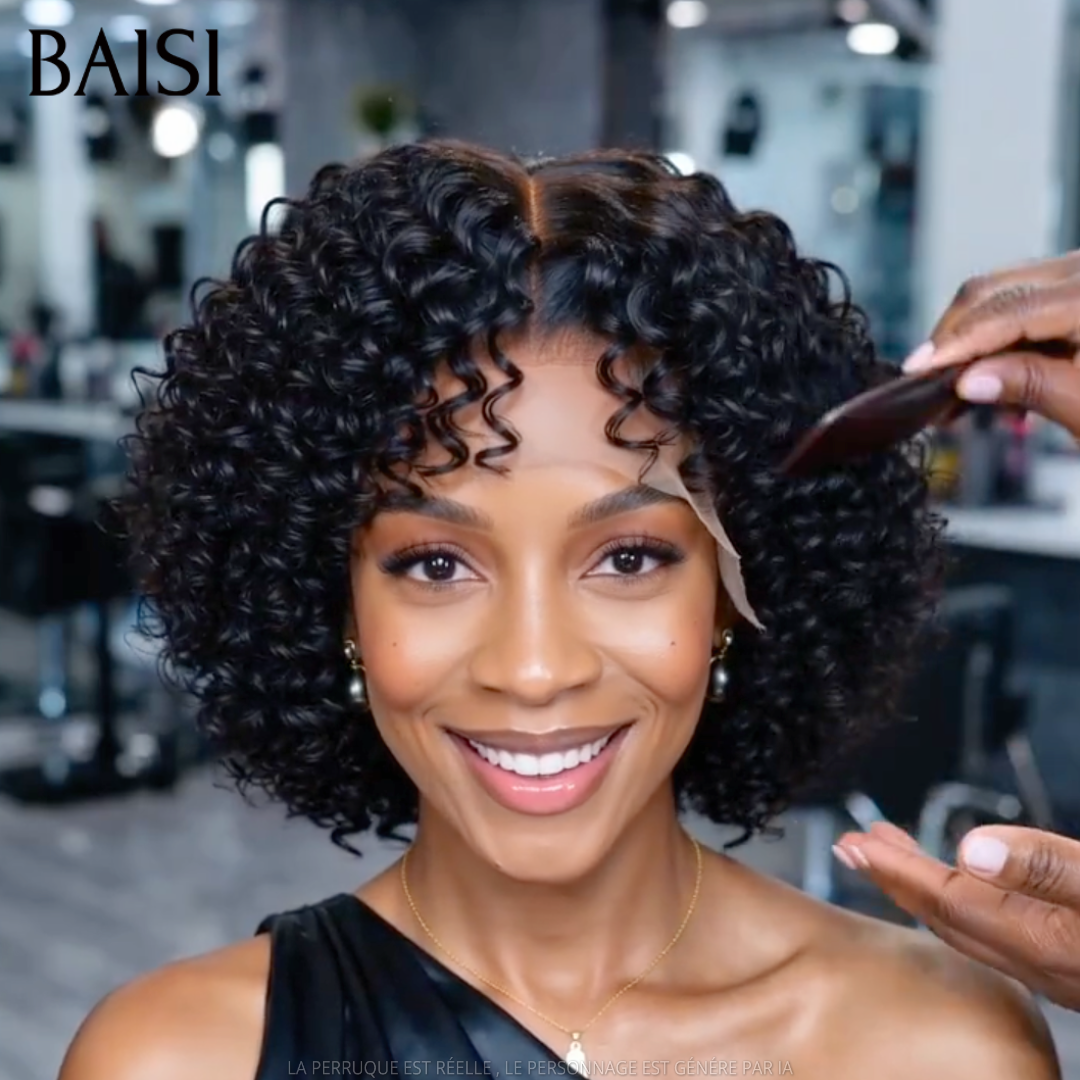 BAISI Perruque Bob Curly Couleur Noir Avec ou Sans Frange 89€ Sans Colle Sans Lace et Frontale Top Modèle en 100% Cheveux humains