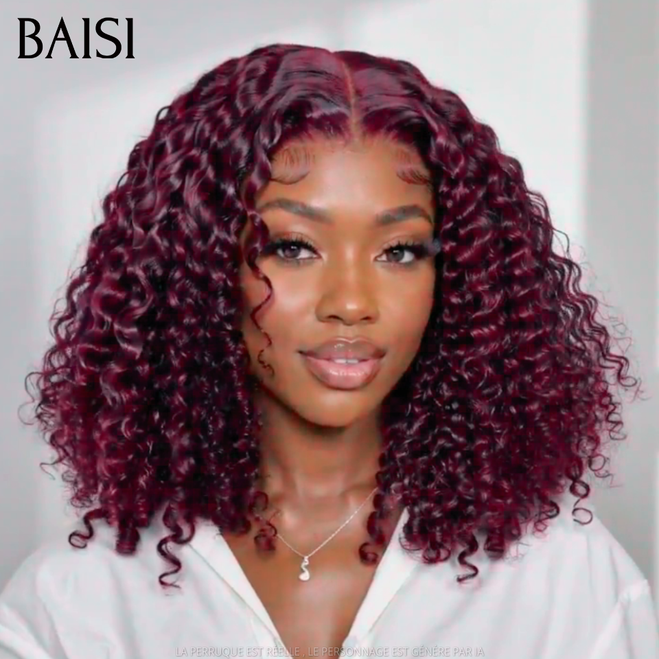 BAISI 4x4 Lace Perruque Bob Curly Rouge Bordeaux 99J 14Pouces 129€ 250% Densité 100% Vietnam Hair Meilleur Prix Meilleur Qualité 100% Identique Super Luxe en 100% Cheveux humains