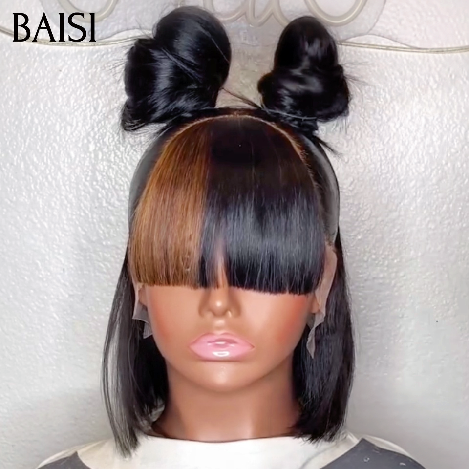 BAISI 13x4 lace Perruque Coiffée Bob Carré Lisse Avec Frange Marron Noir Coiffure Sublime 124€ Seulement Prix Interessant en 100% Cheveux Humains
