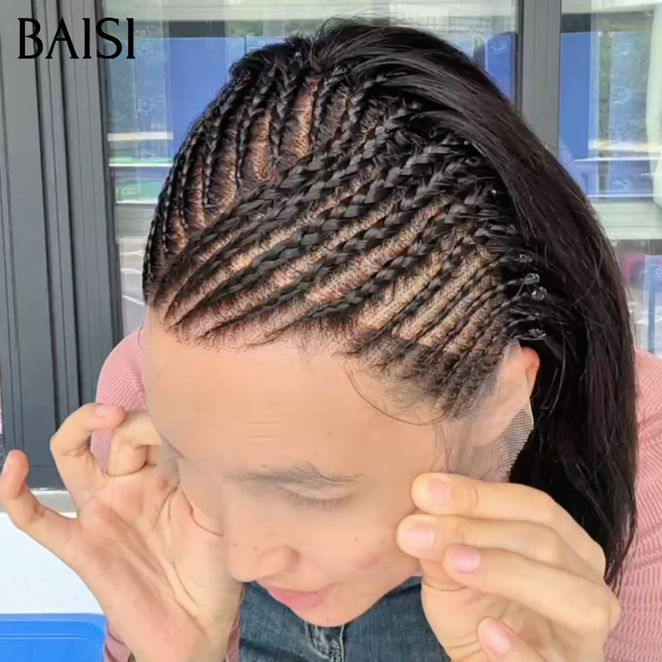 BAISI 13x6 Lace Perruque Coiffée Bob Lisse Avec Nattes Diagonales Deja Prête A Porter Simple et Naturelle Couleur Noir 1B# en 100% Cheveux humains