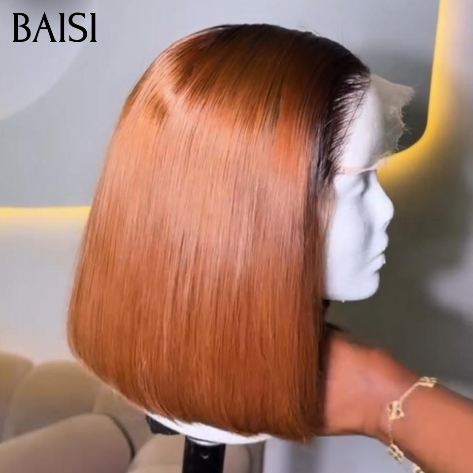 BAISI 13x4 Lace Perruque Bob Lisse  68€ Couleur Noir et Marron 1B4#  Ou Vente flash 66€ 12 Pouces pixie curly wave avec Frange Fabriqué à la Machine Facile à porter en 100% Cheveux Humains 