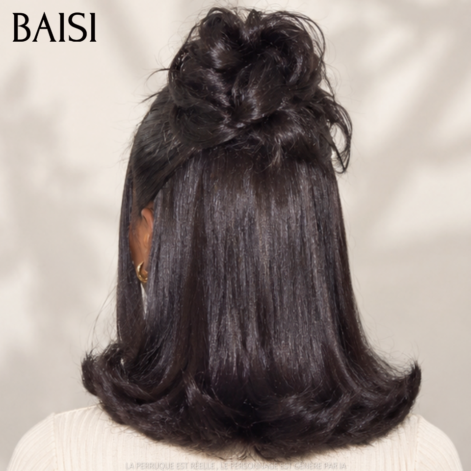 BAISI 13x4 lace Perruque Coiffée Bob Lisse Noir 1B# 12Pouces 129€ Coiffure chignon à bout légèrement balayé A la Mode en 100% Cheveux Humain