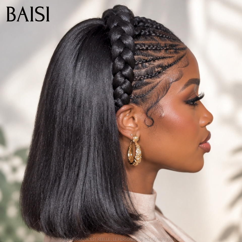 BAISI 13x4 Lace Perruque Bob Déjà Coiffée Lisse 10 Pouces 129€ Couleur Noir 1B# 100% Identique de Très Bonne qualité en 100% Cheveux humains