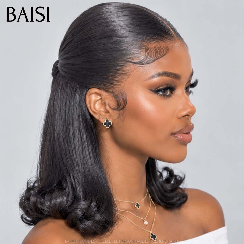BAISI Moitié Prix Perruques un Updo Coiffure Chignon queue de cheval avec 13x4 Lace Frontale 12 Pouce en Noir en 100% cheveux humains