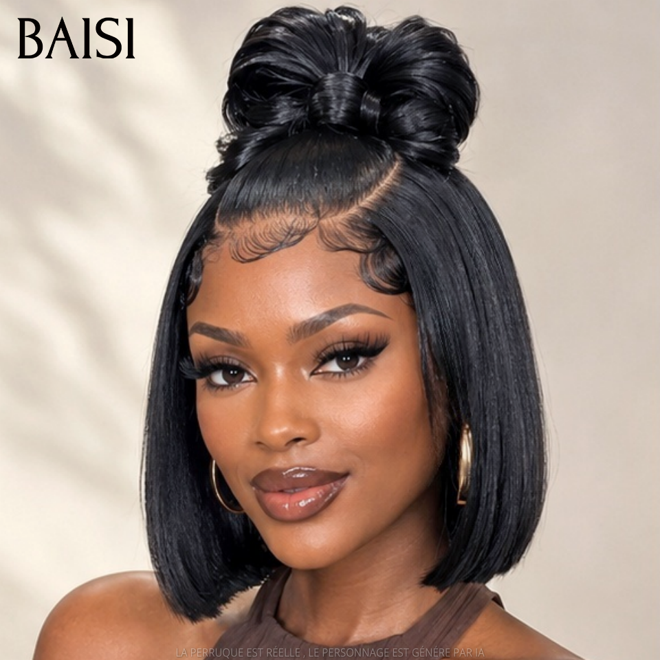 BAISI 13x4 Lace Perruque Bob Déjà Coiffée Lisse 12 Pouces 126€ Couleur Noir 1B# Très A la Mode en 100% Cheveux humains