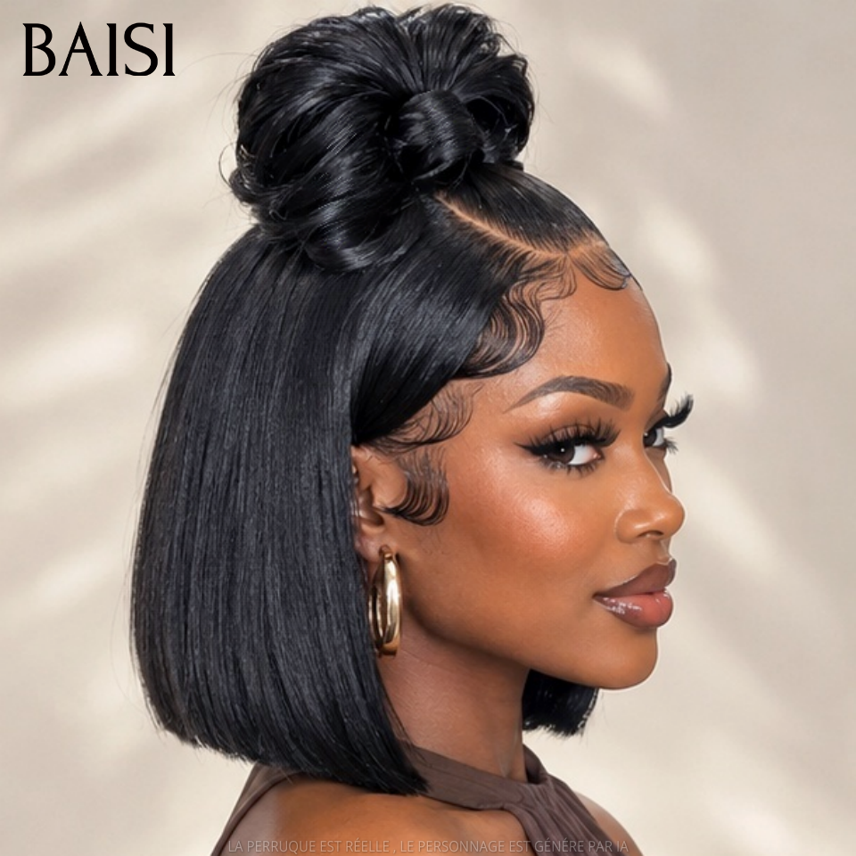 BAISI 13x4 Lace Perruque Bob Déjà Coiffée Lisse 12 Pouces 126€ Couleur Noir 1B# Très A la Mode en 100% Cheveux humains