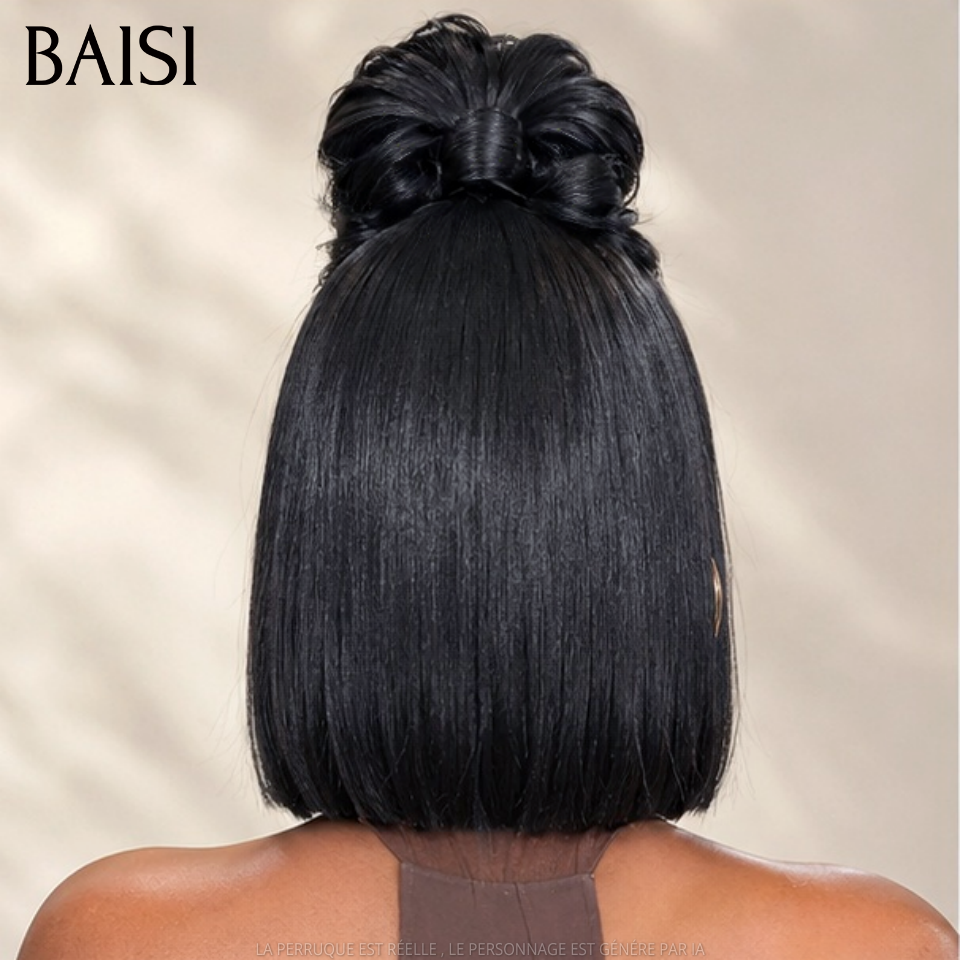 BAISI 13x4 Lace Perruque Bob Déjà Coiffée Lisse 12 Pouces 126€ Couleur Noir 1B# Très A la Mode en 100% Cheveux humains