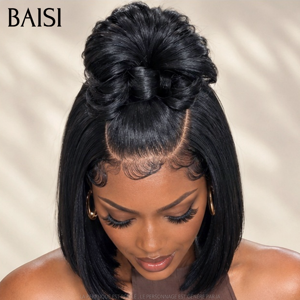 BAISI 13x4 Lace Perruque Bob Déjà Coiffée Lisse 12 Pouces 126€ Couleur Noir 1B# Très A la Mode en 100% Cheveux humains