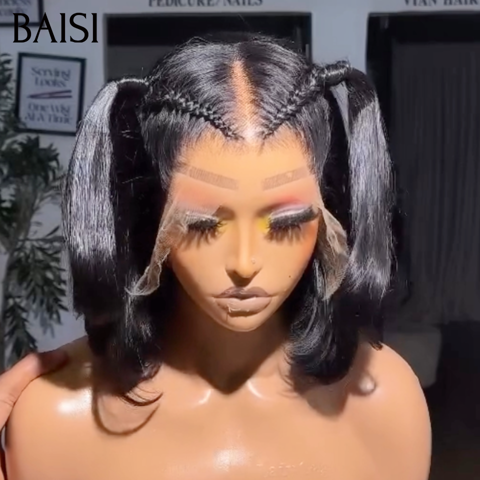 BAISI 13x4 lace Perruque Coiffée Lisse Noir 1B# Devanture en Nattes Très Mignone en 100% Cheveux Humains