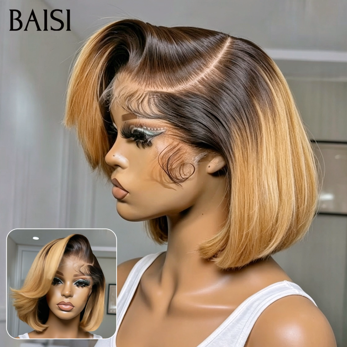 BAISI 13X4 lace Perruque Bob Lisse Couleur Marron Miel 4/27# 10 Pouces 86€ Seulement Raie au milieur ou Raie de Côté Très Bonne Qualité en 100% Cheveux Humains