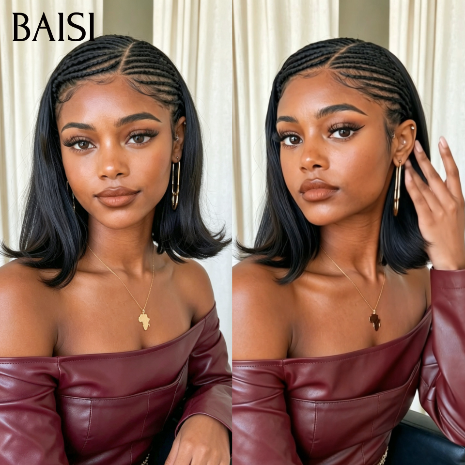 BAISI 13x6 Lace Perruque Coiffée Bob Lisse 8Pouces 99€ Couleur Noir 1B# Devanture Petites Nattes Pratiques Au Quotidien en 100% Cheveux humains
