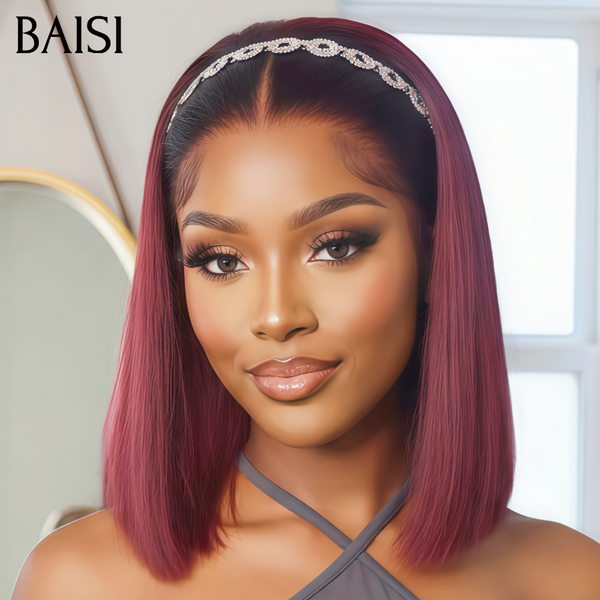 BAISI Lot de 2 perruques avec bandeau noir 1B# + 2x6 Lace Bob Vietnam hair rouge 99J#  10 Pouces 139€ Seulement Prix pas Chèr Très Bonne Qualité en  100% Cheveux Humains