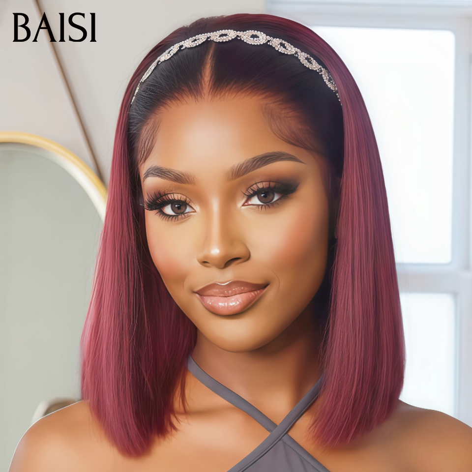 BAISI Lot de 2 perruques avec bandeau noir 1B# + 2x6 Lace Bob Vietnam hair rouge 99J#  10 Pouces 139€ Seulement Prix pas Chèr Très Bonne Qualité en  100% Cheveux Humains