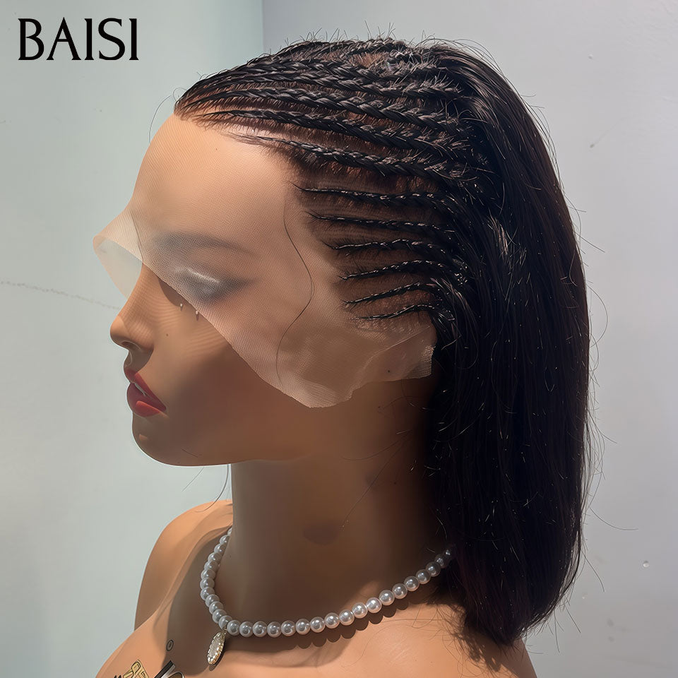 BAISI 13x6 Lace Perruque Coiffée Bob Lisse Avec Nattes Texture Simple et Jolie Couleur Noir 10pouces et 12pouces en 100% Cheveux humains