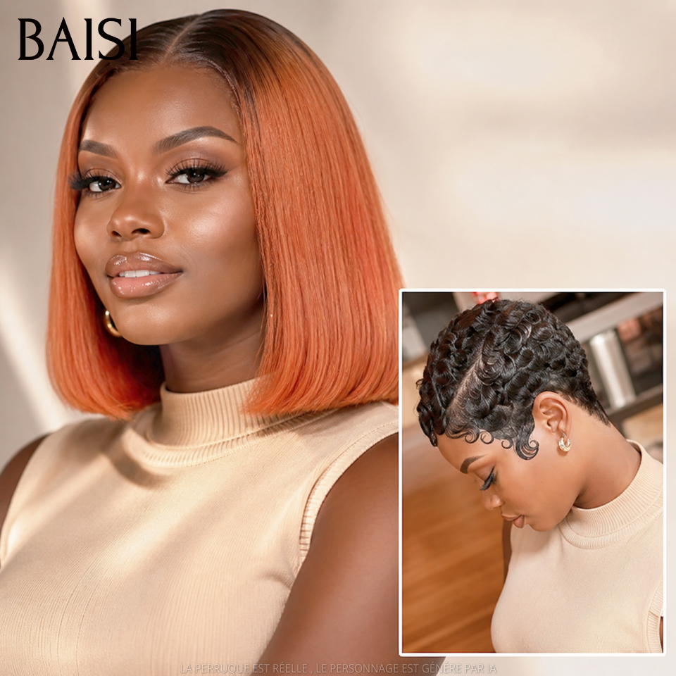 BAISI Achetez 1 +1 Gratuite= 88€ 4x4 lace lisse bob 1BT30# 10 pouces et sans lace pixie ou Lisse + curly + san lace en 100% vrais cheveux humains
