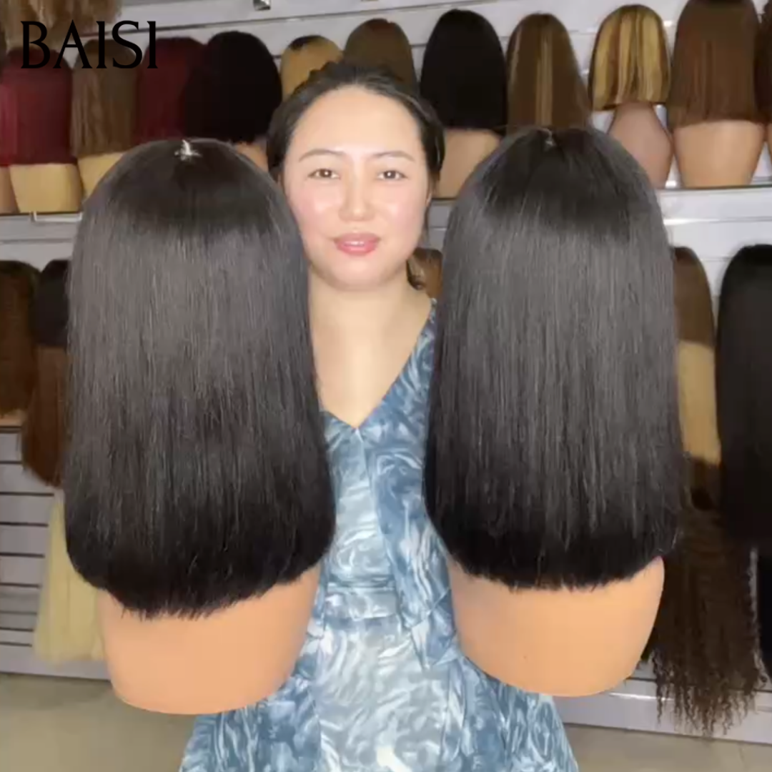 BAISI Perruque Bob Lisse Avec Frange Noir 10Pouces 65€ et 12Pouces 85€ Sans Colle Sans Lace Déjà En France Livraison 48H TVA 0€  en 100% Cheveux humains BS60
