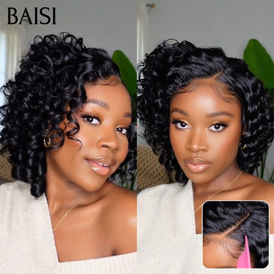 BAISI 13x4 lace Perruque BOB Spring Curl Ondulation printemps 10Pouces Moitié prix 85€ NOIR en 100% Cheveux Humains