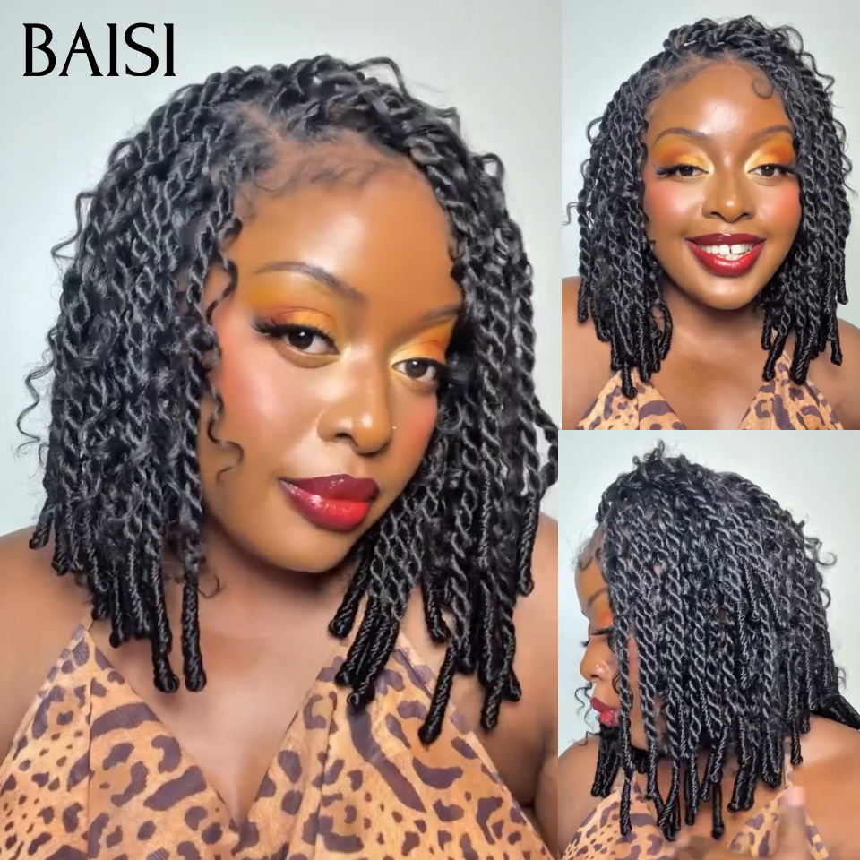 BAISI 13x4 Lace Perruque Bob Burmese Boucle Coiffée Double Tresse Naturelle Look Irresistible 10Pouces 118€ en 100% Cheveux humains