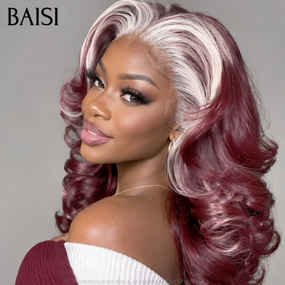 BAISI Promo Perruque 13X4 lace frontal 16 pouce couleurs Rouge-violet Mix Blonde somble grosse boucles sans colle Aujourd'hui 179€  en 100% Cheveux Humains