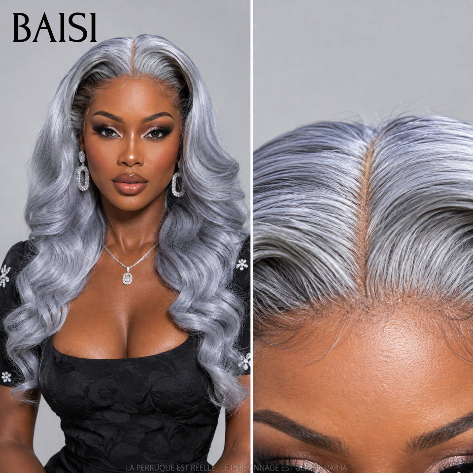 BAISI Collection Poivre et Sel 13x4 Perruque Body Wave En couleur Gris Sans Colle Lace déjà couper Facile à Porter en 100% Cheveux Humains
