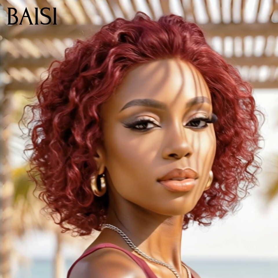BAISI Perruque Pixie Wave Déjà Coiffée 55€ Couleur Rouge Bordeaux 99J# Indispensable Pour les Vacances en 100% Cheveux humains