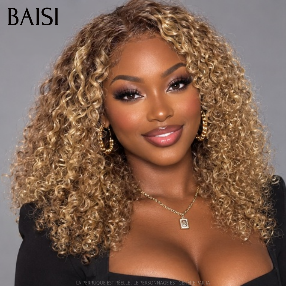 BAISI perruque avec closure water wave en couleur marron mixte miel 250% Densité 100% Cheveux Humains