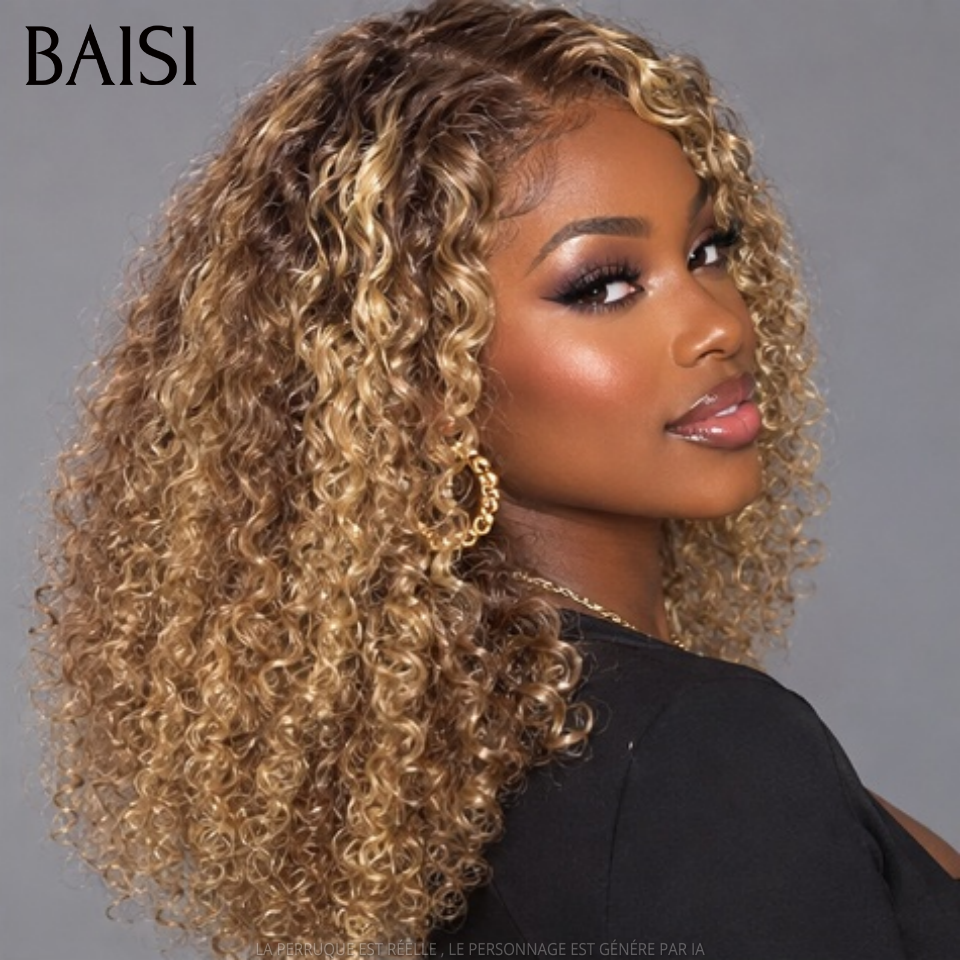 BAISI perruque avec closure water wave en couleur marron mixte miel 250% Densité 100% Cheveux Humains