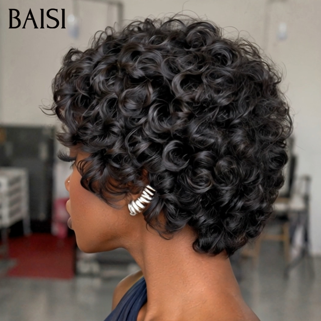 BAISI Perruque Pixie Bouclée Lâche Noir 1B# 4 Pouces 78€ Sans Colle Sans Lace Mèches de Qualité en 100% Cheveux humains