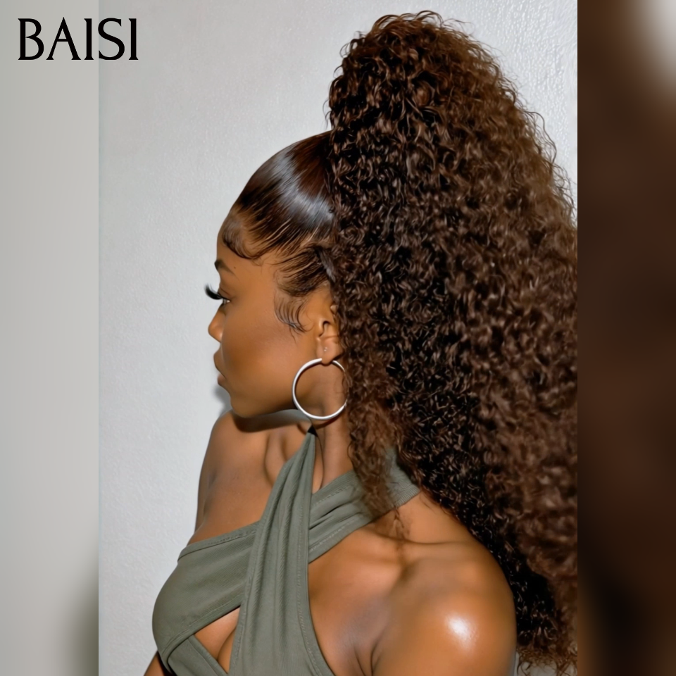 BAISI 13x4 lace Perruque Coiffée Curly wave Bouclée Couleur Noir et Marron 1B/4# Maginifique Coiffure en 100% Cheveux Humains
