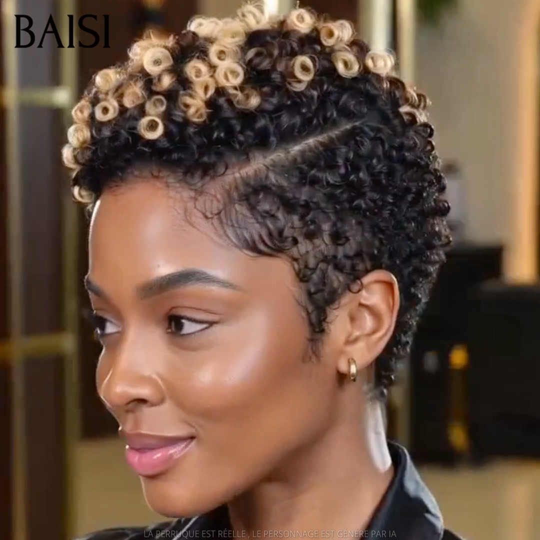 BAISI 13x4 lace Perruque Pixie Curly 79€ en couleur Noir Miel 1B/27# Styler Avec Raie en 100% Cheveux Humains