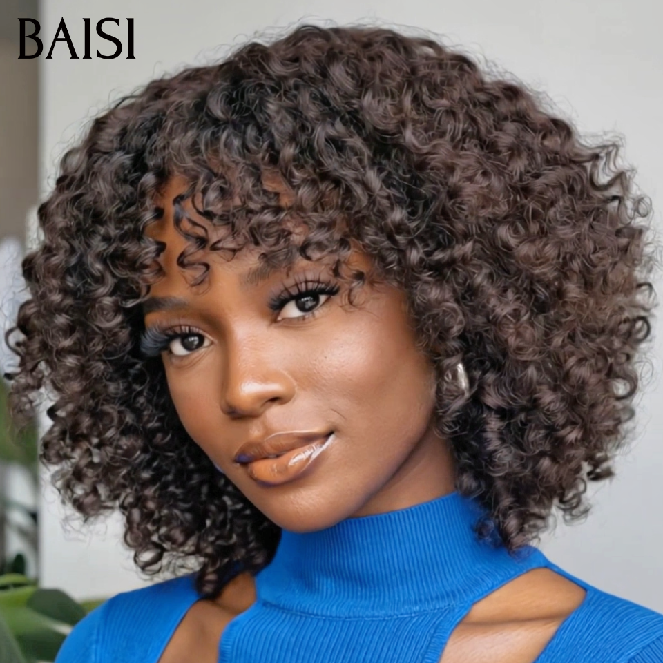 BAISI 4x4 Lace Closure Perruque Bob Curly Wave Avec Frange ou 2x6 Lace Perruque Bob Lisse 100% Vietnam Hair Top Qualité Pratique Pour le Travail 12Pouces Couleur Noir 1B# 14Pouces en 100% Cheveux humains