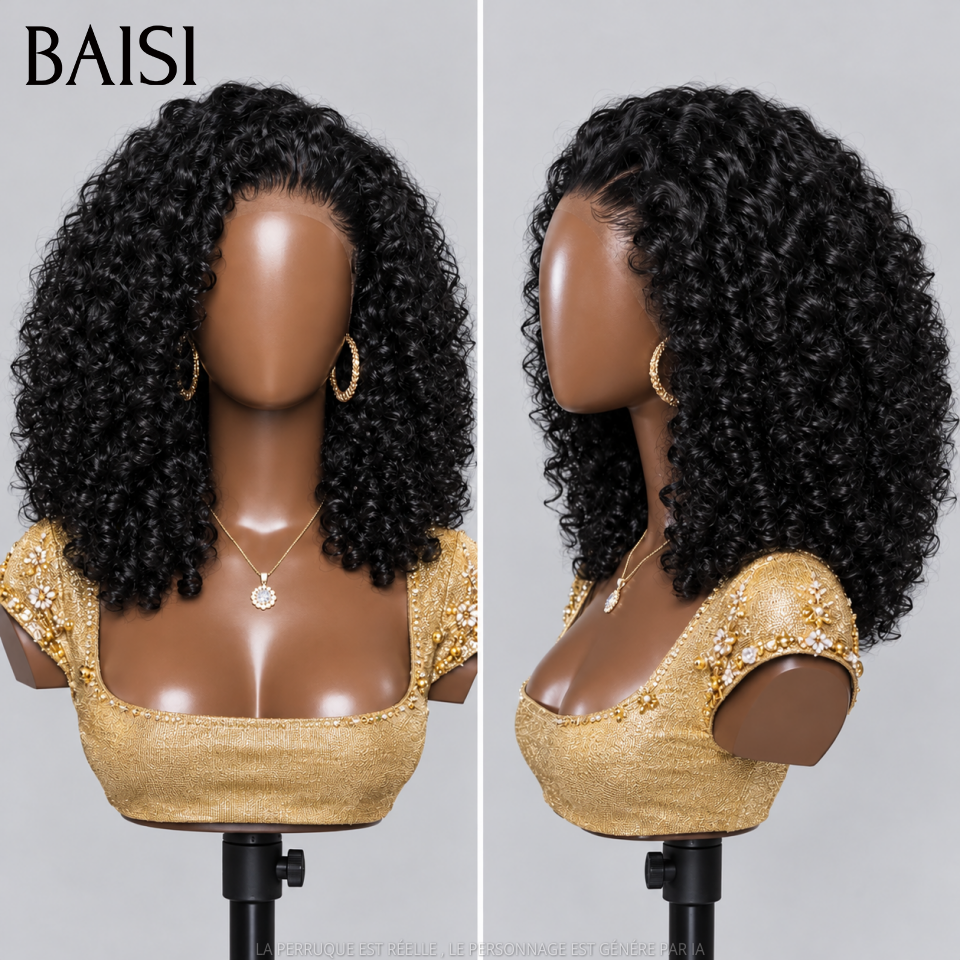 BAISI Vente Promo 119€ Vietnam Hair 300% densité 4X4 Perruque bob coupe personnalisée boucles voluminieux en Couleurs Noir 14 pouces plus de 20 ans d' utilisations BS120