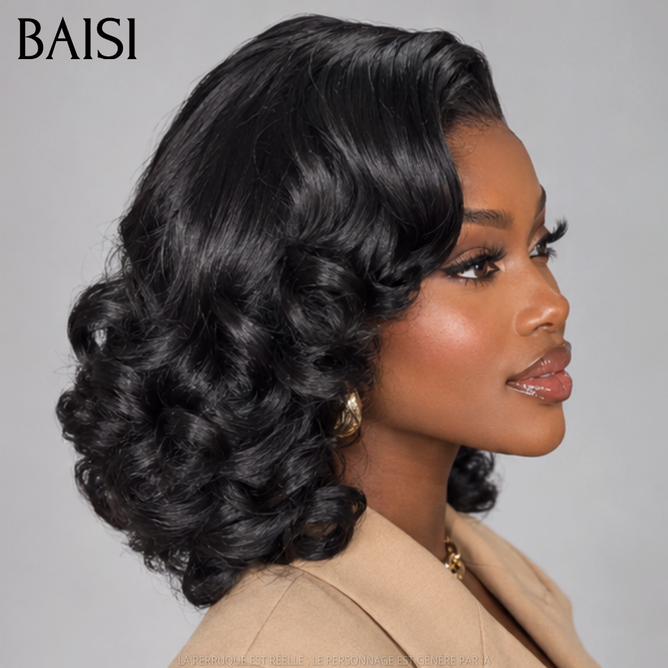 BAISI 5x5 Lace Perruque Egg Wave 12Pouces 125€ Couleur Noir 1B# Boucle Rebondissante Volume Remplie en 100% Cheveux Humains