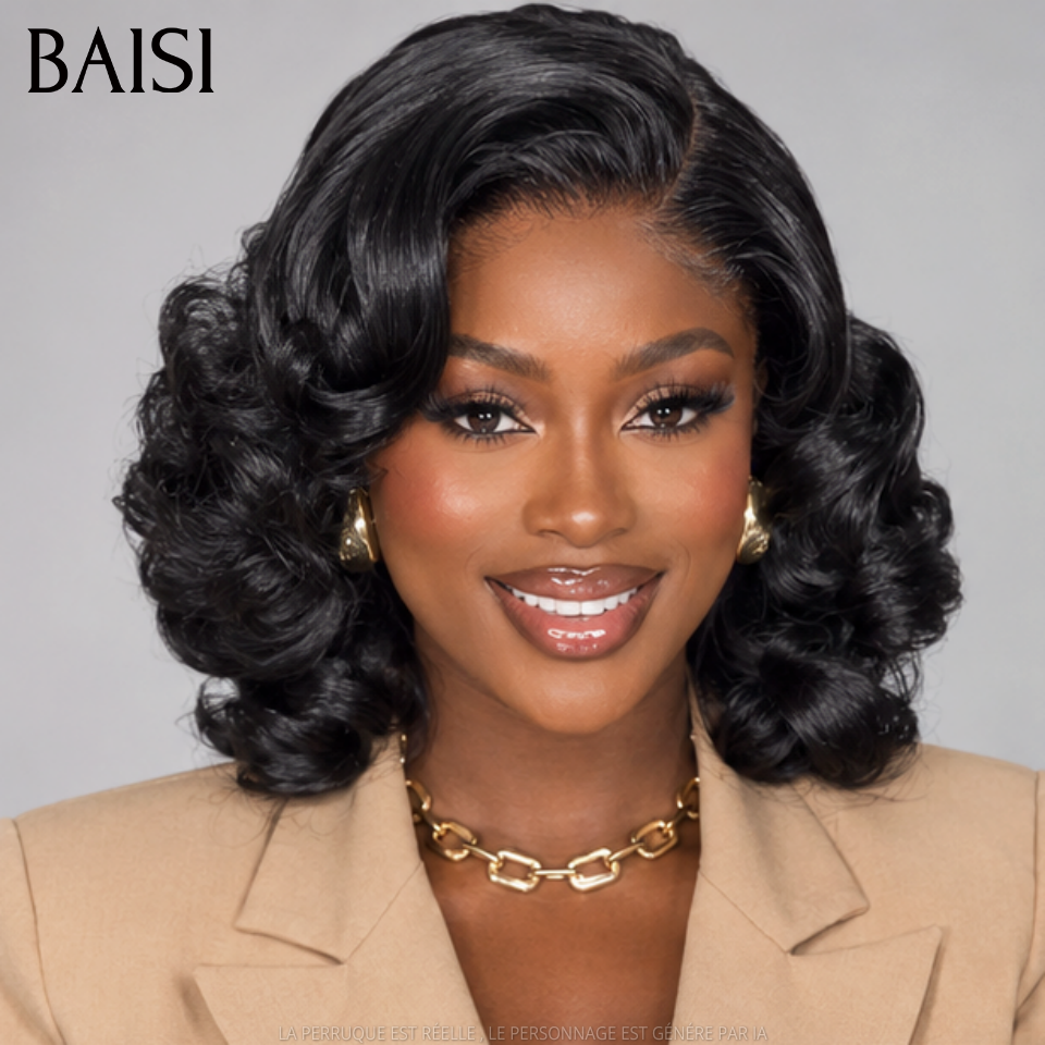 BAISI 5x5 Lace Perruque Egg Wave 12Pouces 125€ Couleur Noir 1B# Boucle Rebondissante Volume Remplie en 100% Cheveux Humains
