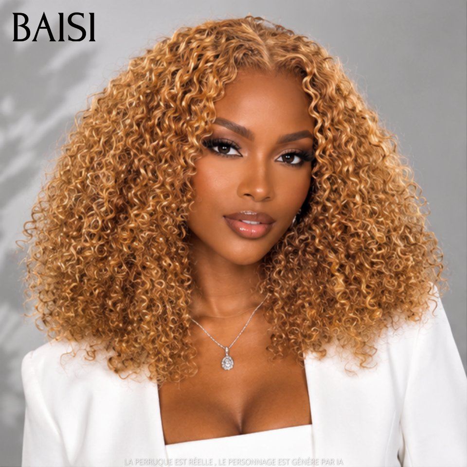 BAISI Closure Lace Perruque Curly Couleur Miel Doré P4-30  Disponible en 12Pouces ou 14Pouces ou 18Pouces Beaucoup de Volume en 100% Cheveux humains